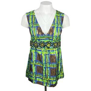 ANNA SUI Vintage Metallic Shimmering Sequins Plaid Top Sz 4